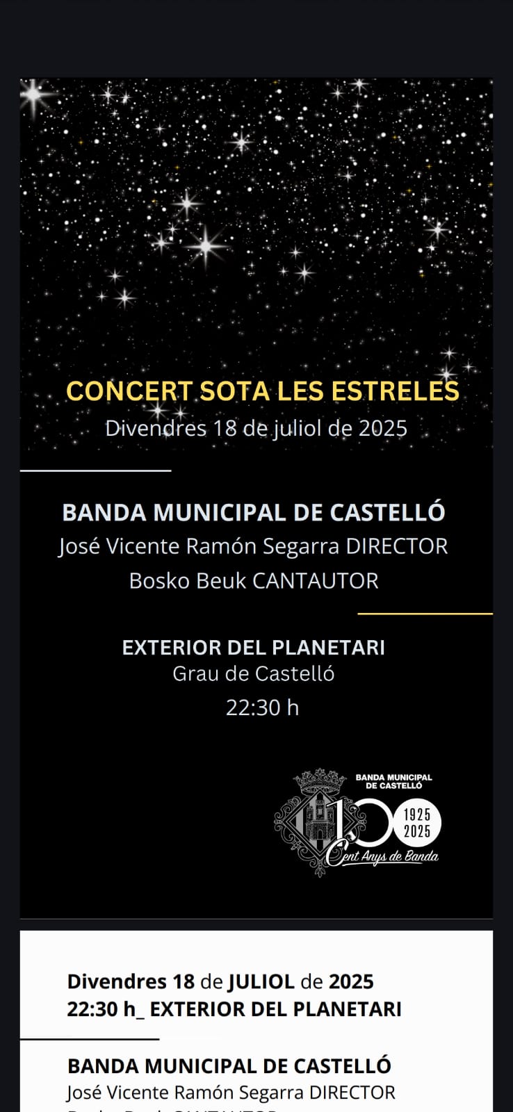 La Banda Municipal protagoniza un “Concierto bajo las estrellas” en el Planetario